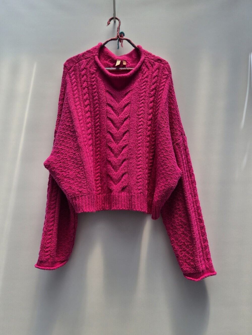 Anthropologie Pilcro Hot Pink Cable Knit Sweater XL Barbiecore Crop Whimsigoth